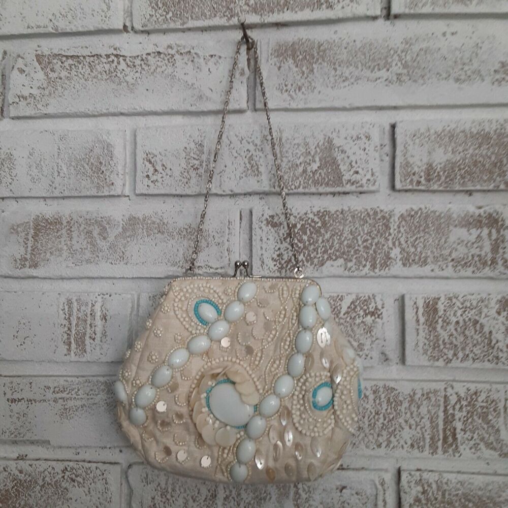 Moyna Collector Handbag/Wristlet Hand Beaded on Linen Summer Nights